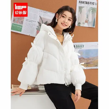 爱依服短款羽绒服女冬新款日系甜美宽松灯笼袖蝴蝶结连帽外套商品大图
