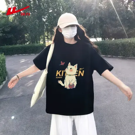 回力黑色纯棉短袖t恤女夏季2025新款爆款印花独特超好看正肩上衣图片