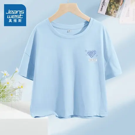 KMV真维斯蓝色纯棉短款短袖t恤女2025新款夏小个子高级感正肩体恤商品大图