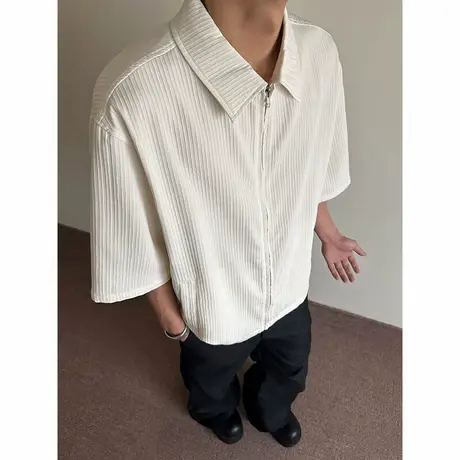 衬衫男新款夏季拉链开衫休闲衬衣美式休闲纯色宽松大码半袖寸衫潮图片