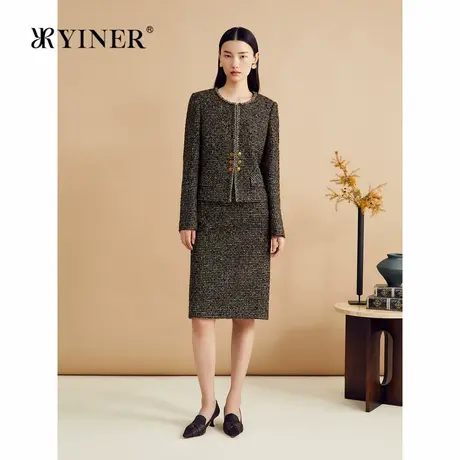 YINER音儿秋季超细羊毛金色亮纱小香风粗花呢短外套商品大图