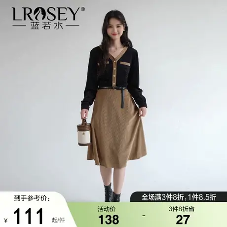 蓝若水大码女装胖MM2025秋装新款小香风V领假两件灯芯绒a字连衣裙图片