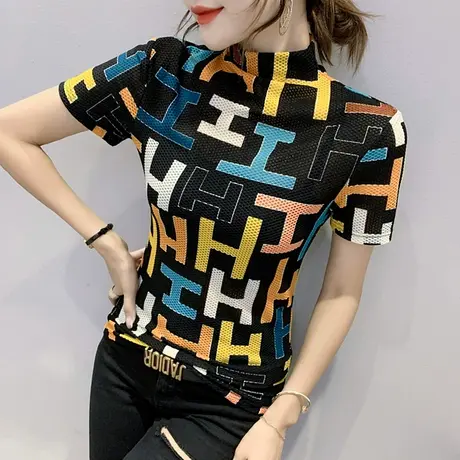 女装2024新款潮欧货时尚印花T恤女短袖修身洋气上衣百搭打底衫秋商品大图