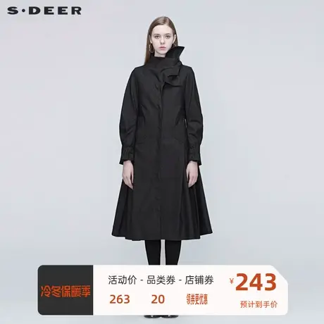 sdeer圣迪奥黑色风衣女装不规则拼接格纹长风衣外套女S20381801😨商品大图