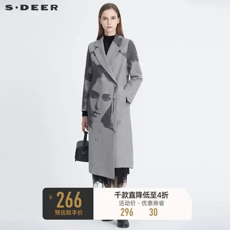 sdeer圣迪奥冬季女装西装领人像印花中长款灰色毛呢大衣S20481818⚓商品大图