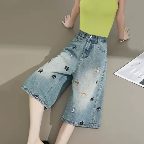 小狗刺绣六分牛仔裤女夏季薄款高腰宽松显瘦复古直筒七分阔腿中裤商品大图