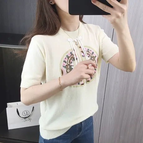 新中式国风正肩短袖t恤女夏季设计感小众宽松刺绣洋气针织衫上衣图片