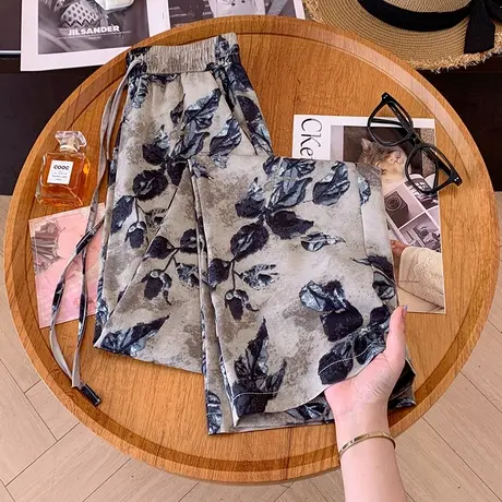 2025夏季新款复古印花长裤阔腿裤女高腰垂感宽松显瘦直筒休闲裤薄商品大图