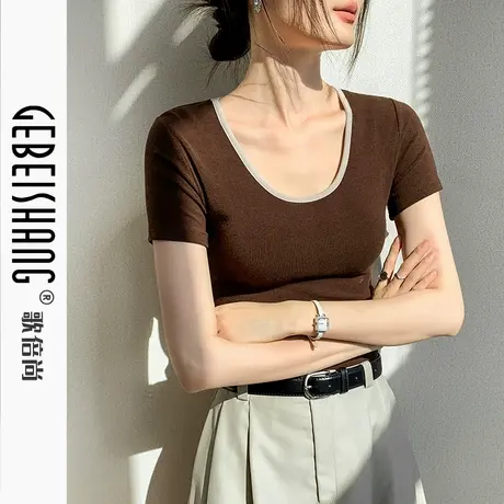 歌倍尚撞色圆领短袖T恤女2025夏季新款修身显瘦正肩独特别致上衣商品大图