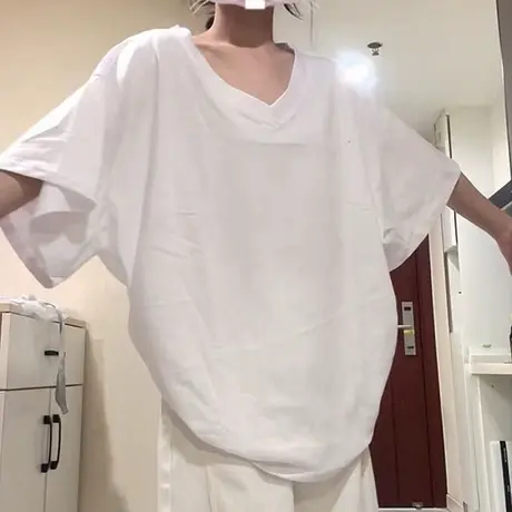 白色V领正肩短袖T恤女夏季宽松韩版大码打底衫内搭外穿半袖上衣潮商品大图
