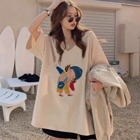 胖mm印花短袖女大码宽松oversize纯棉V领T恤夏季ins潮闺蜜装上衣商品大图