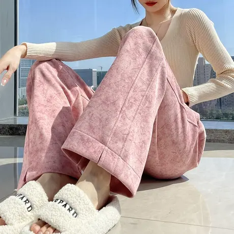 粉色扎染阔腿运动裤女春秋新款高腰垂感直筒显瘦窄版休闲脏脏裤子商品大图