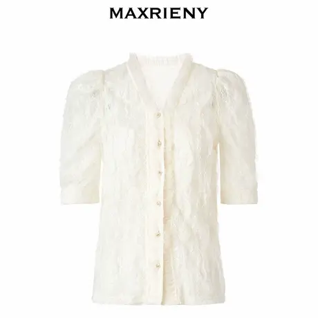 【奥莱】MAXRIENY复古绣花大翻领毛衫白色针织上衣短款图片