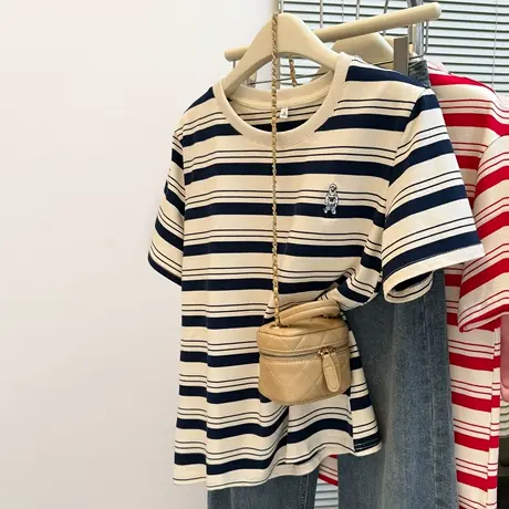 ins超火卡通刺绣短袖T恤女夏季宽松韩版显瘦百搭撞色条纹正肩上衣商品大图