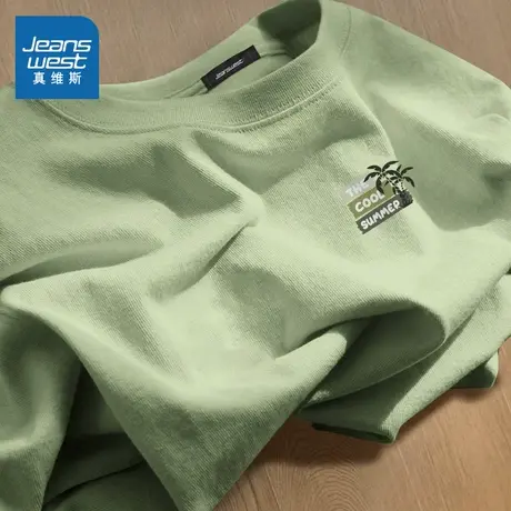 NN真维斯长袖男t恤2025新款纯棉宽松休闲衣服青少年豆绿圆领上衣商品大图