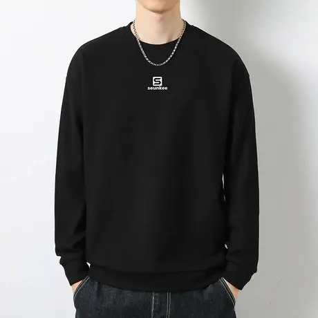 男士卫衣华夫格潮牌黑色长袖t恤圆领套头无帽上衣服宽松潮流百搭图片