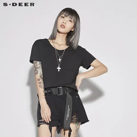 sdeer 圣迪奥 女装酷感休闲圆领贴袋设计短袖T恤S18280168图片