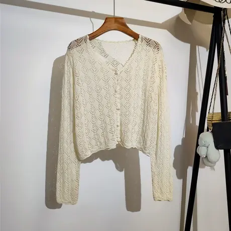 镂空针织开衫女春夏新款吊带裙子外搭v领显瘦短款披肩上衣防晒衫商品大图