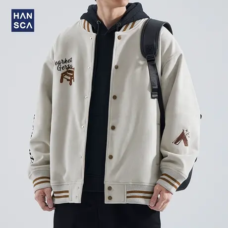 hansca麂皮绒棒球服外套男2024秋冬新款美式潮牌宽松休闲刺绣夹克图片