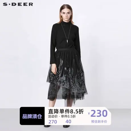 sdeer圣迪奥女装半高领网纱印花拼接长袖针织连衣裙S21381203商品大图