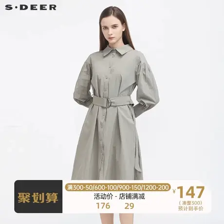 sdeer圣迪奥新款休闲翻领抽褶收腰落肩衬衫连衣裙S21161220商品大图