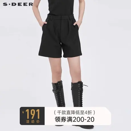 sdeer圣迪奥女装复古高腰压褶插袋黑色A字短裤S21480908图片