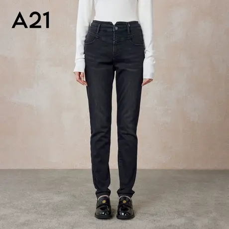 A21女装显瘦弹力高腰窄脚牛仔长裤休闲百搭小脚裤子图片