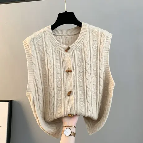 圆领牛角扣休闲麻花针织开衫坎肩背心秋季韩版显瘦叠穿毛衣马甲女商品大图