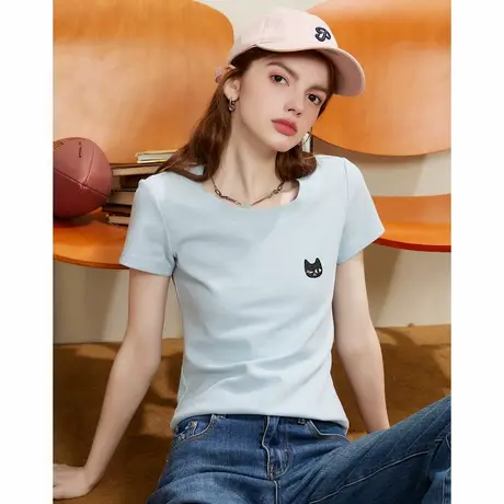 a02夏季百搭纯色U领短袖上衣显瘦休闲女式T恤2025年新款夏装图片