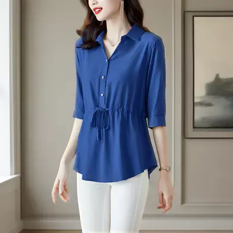 中袖衬衫女夏季2025新款中长款系带收腰修身显瘦遮肚洋气妈妈上衣商品大图