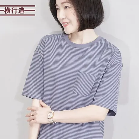 海军风细条纹短袖圆领上衣打底衫休闲宽松大码女装夏装新款T恤图片