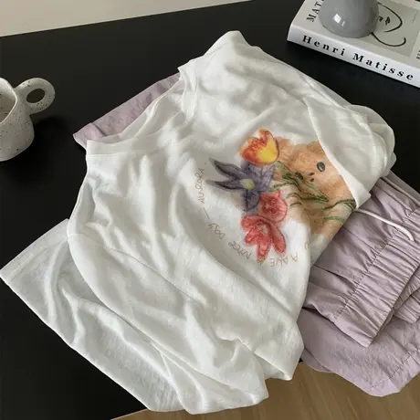 莱赛尔天丝防晒罩衫女花朵印花圆领白色长袖超薄T恤25夏季空调衫商品大图