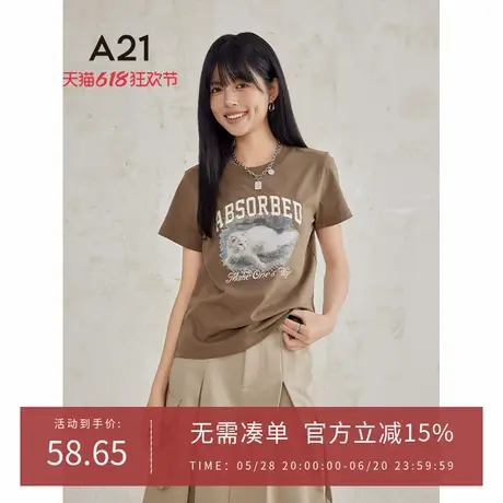 A21女装圆领短袖T恤夏季纯棉宽松小猫印花情侣装上衣图片