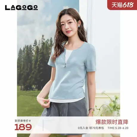 LAGOGO掐腰显瘦高级感拼接T恤女拉谷谷2025夏新款修身短袖上衣图片