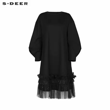 sdeer圣迪奥女装时尚圆领网纱碎褶宽松连衣裙S244Z1211商品大图