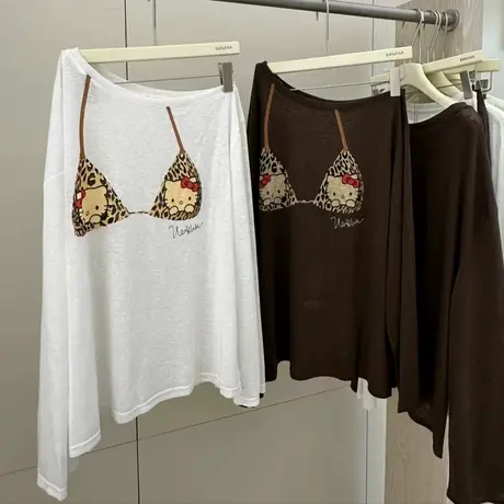 韩国东大门夏新款减龄比基尼猫咪印花斜肩长袖t恤上衣女宽松慵懒商品大图