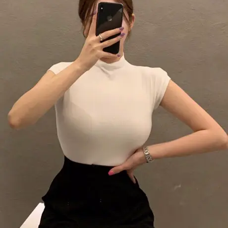 韩国东大门女装春夏2022新款时髦半高领性感紧身显胸大无袖背心潮商品大图