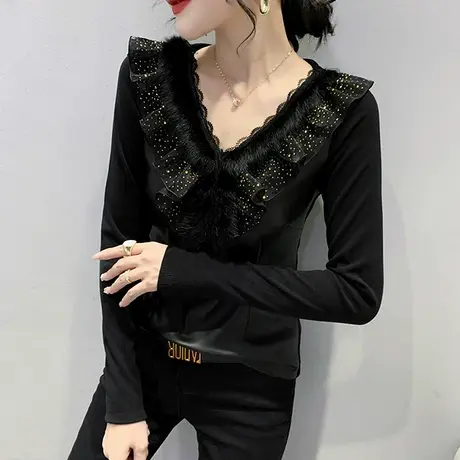 性感V领洋气T恤女长袖设计感网纱拼皮烫钻上衣内搭加绒打底衫秋冬商品大图