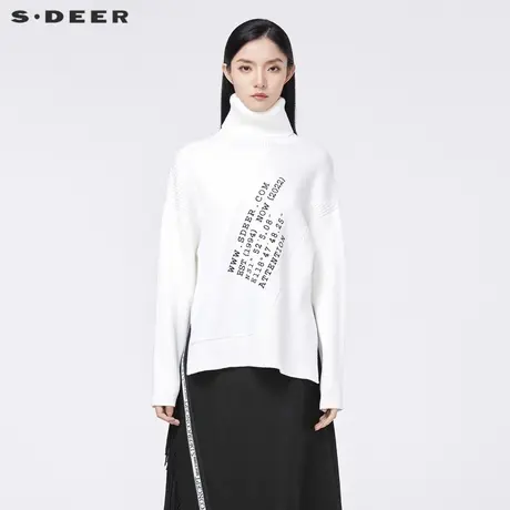 sdeer圣迪奥2022春新品个性高领撞色字母开衩白色针织衫S22163506💁商品大图