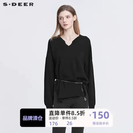 sdeer圣迪奥女装时尚做旧V领罗纹宽松黑色针织衫S22183506👈商品大图