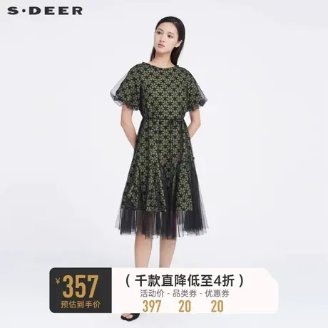 sdeer圣迪奥碎花连衣裙圆领收腰网纱泡泡袖长裙S223Z1278商品大图