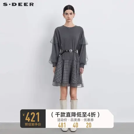 sdeer圣迪奥女装圆领格纹网纱拼接卫衣连衣裙S233Z12S9商品大图