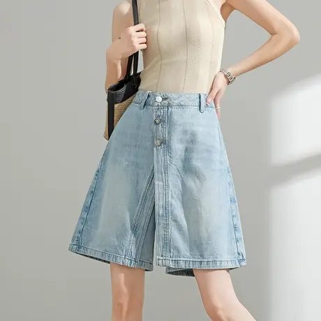 莱赛尔天丝棉牛仔短裤女夏季薄款高腰直筒阔腿中裤假两件五分裙裤商品大图