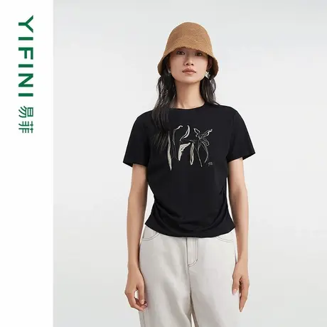 [专柜同款]Yifini/易菲手绘印花抽褶修身百搭T恤时尚上衣D04Z1021商品大图