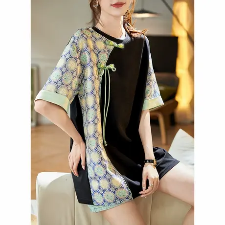 宝诗黎国风盘扣提花拼接短袖T恤2025夏季宽松设计感棉质休闲上衣商品大图