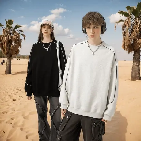 复古潮牌纯色圆领卫衣女春秋2025年新款套头宽松oversize无帽上衣商品大图