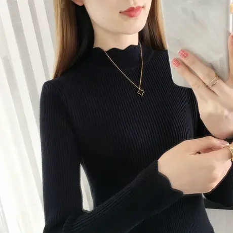 半高领打底衫女秋季新款针织衫中领上衣短款修身紧身秋冬内搭毛衣商品大图