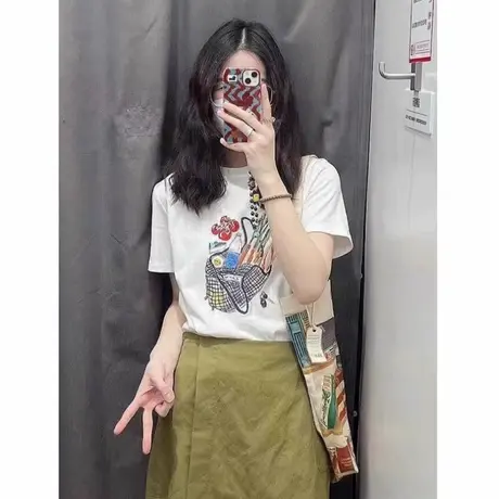 手绘水彩印花购物袋趣味减龄圆领宽松正肩短袖t恤女夏季棉质上衣商品大图