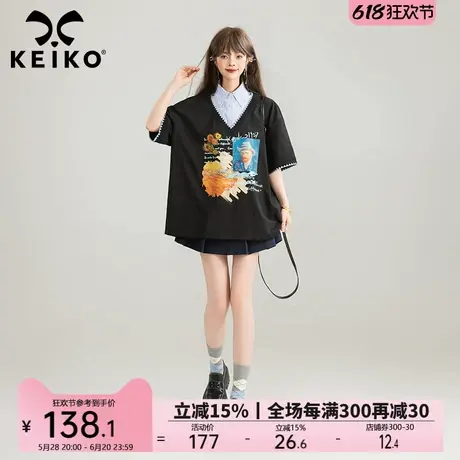 KEIKO 设计感假两件短袖T恤女25夏季艺术生穿搭减龄显瘦黑色上衣图片