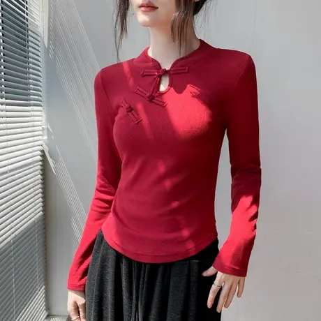 歌倍尚新中式盘扣领长袖T恤女2025春季新款修身中国风内搭打底衫图片
